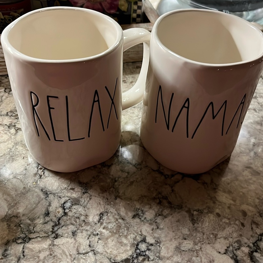 RELAX and NEMASTE Rae Dunn mugs. SIP tea and wish peace for all with your mugs!